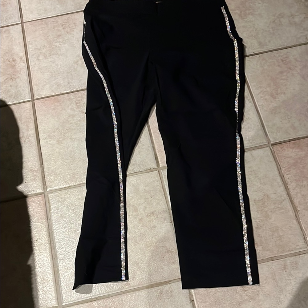 JM Collection Black Pants with Silver rhinestone hems down each side.